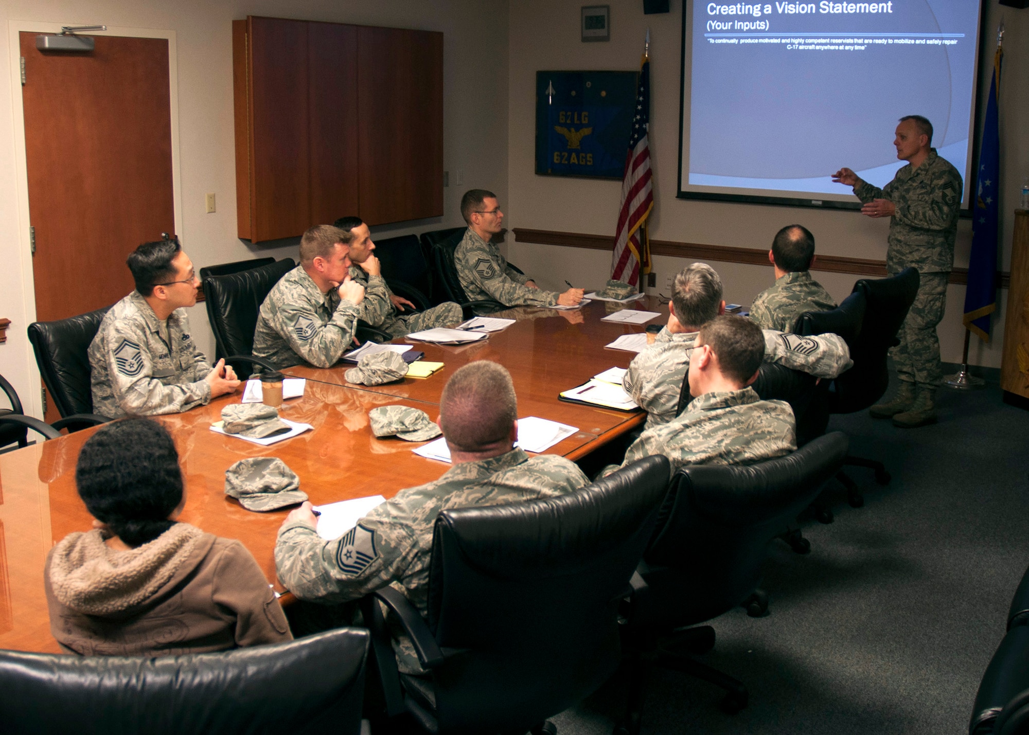Enlisted leaders from the 446th Aircraft Maintenance Squadron here, brainstorm on the proper mission and vision statements for the squadron, Jan. 29, 2013. “For AMXS to provide a ready Reservist who will meet the mission requirements, we must always look forward, and determine ways of how we can improve ourselves,” he said. “This will ultimately help us mitigate any future risks that could possibly prevent us from meeting those requirements.” (U.S. Air Force photo/Master Sgt. Jake Chappelle)