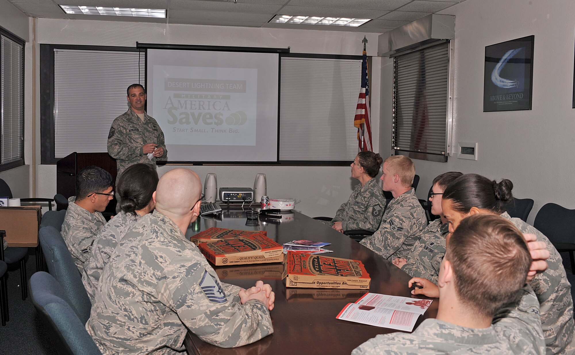 U.S. Air Force Airmen from the 355th Comptroller Squadron attend a Military Saves Campaign Luncheon on Davis-Monthan Air Force Base, Ariz., Feb. 22. During these tough economic times Air Force leaders launched the Military Saves Campaign to encourage U.S. military members and their families to save money throughout the year by changing their spending habits and promoting financial education. (U.S. Air Force photo by Airman 1st Class Christine Griffiths/Released)