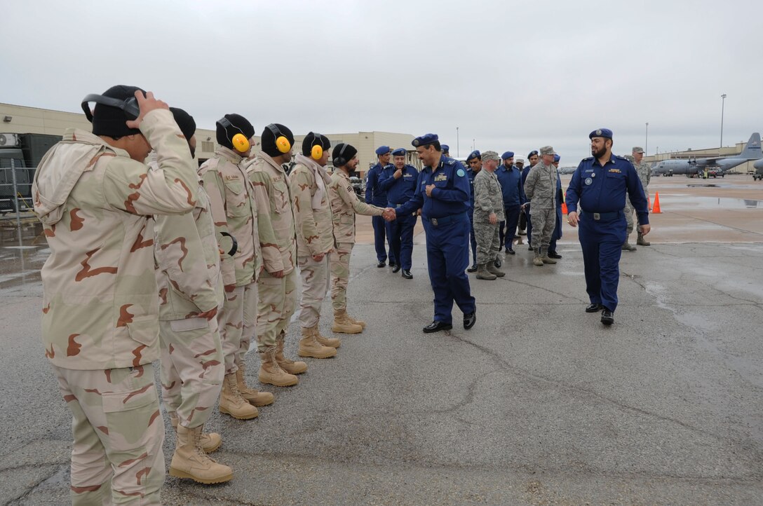 Royal Saudi Air Force Maj. Gen. Saeed Muedh Alzahrani, commander of the RSAF Technical Studies Institute, meets with munitions maintenance students from the 363rd Training Squadron on the Sheppard Air Force Base flightline Feb. 21, 2013. Alzahrani visited the base to get a first-hand look at the overall technical training environment. (U.S. Air Force photo/Joshua Felton)