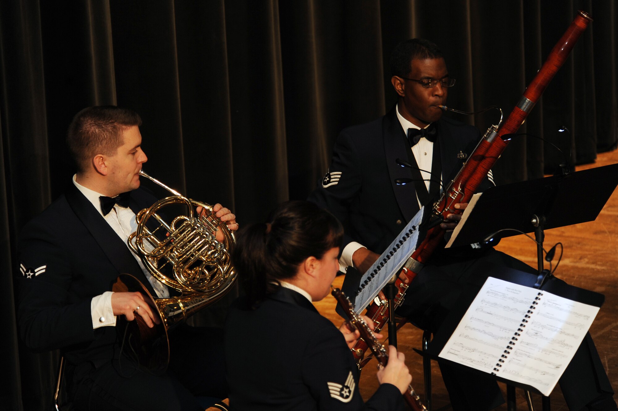 Members of the U.S. Air Force Heritage of America’s Langley Winds perform together during a live concert at Goldsboro High School, Goldsboro, N.C., Feb. 16, 2013. The Langley Winds have played numerous performances across the globe for over 15 years. (U.S. Air Force photo/Airman 1st Class John Nieves Camacho/Released)