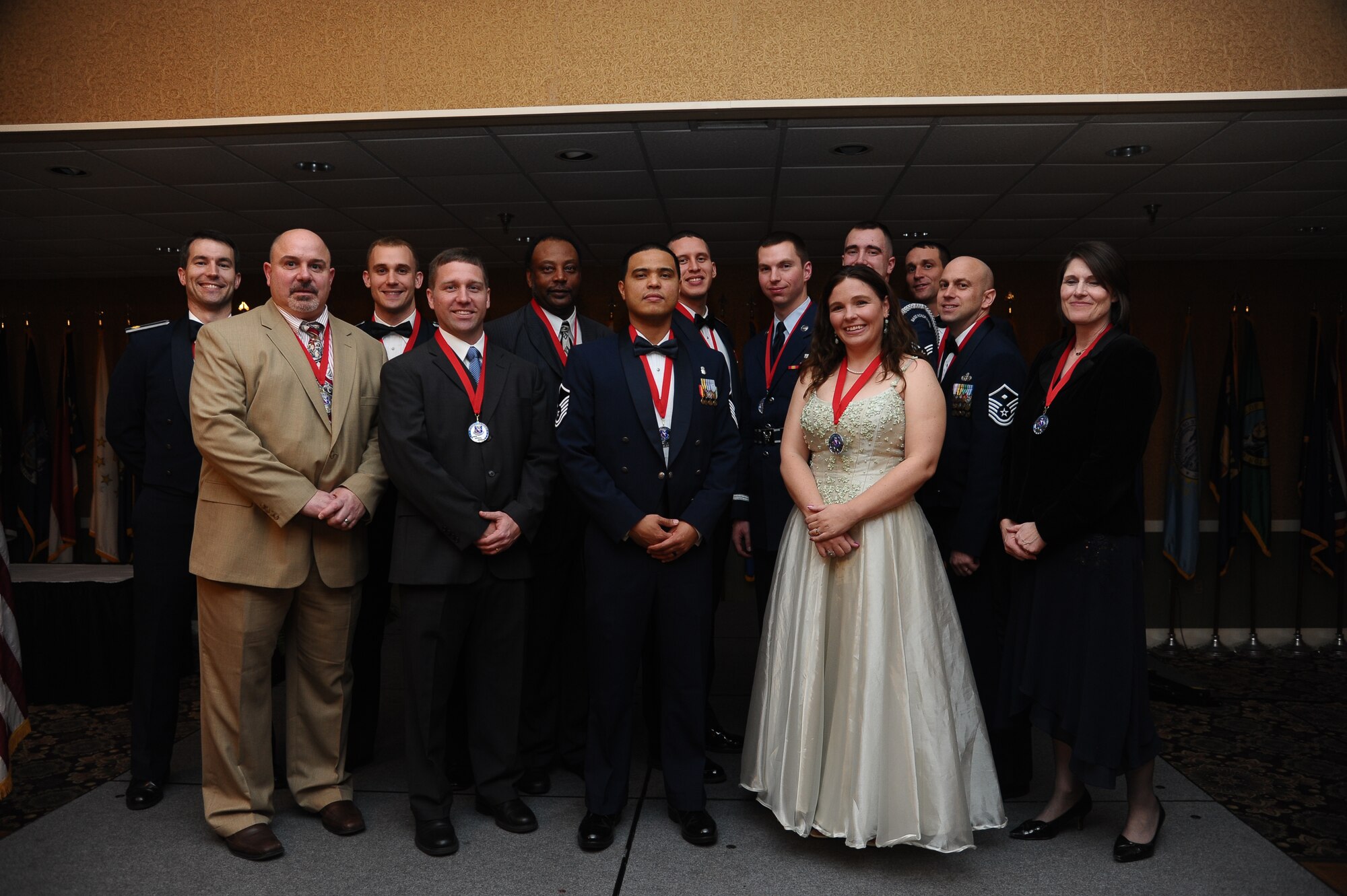 The 2012 Annual Award winners pose during the a banquet at the Columbus Club on Feb. 22. The banquet is as much about continuing Air Force tradition as it is showcasing the accomplishments of base Airmen. (U.S. Air Force Photo/Senior Airman Chase Hedrick)