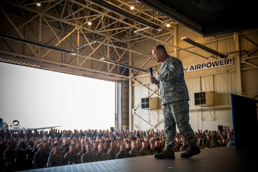 U.S. Air Force Maj. Gen. Lawrence Wells, 9th Air Force commander, speaks during an all-call Feb. 20, 2013, at Moody Air Force Base, Ga. Approximately 1,200 Team Moody members attended as Wells addressed current Air Force issues and concerns. (U.S. Air Force photo by Staff Sgt. Jamal D. Sutter/Released) 