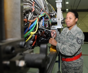 Tech. Sgt. Rachel Chambers, 192nd Fighter Wing Jet Engine Intermediate Maintenance jet propulsion technician, inspects an F-22 engine Feb. 10, 2013 in preparation for a Logistics Compliance Assessment Program evaluation. The inspection is based on a graded assessment with percentage scores and uses the five-tier rating scale, ranging from outstanding down through excellent, satisfactory, marginal and unsatisfactory. (U.S. Air Force photo by Master Sgt. Carlos J. Claudio/Released)
