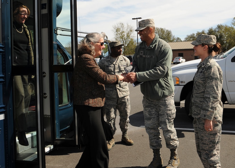 Kathy Wells, wife of U.S. Air Force Maj. Gen. Lawrence Wells, 9th Air Force commander, shakes hands with Col. Edward Ford, 23d Mission Support Group commander, at Moody Air Force Base, Ga., Feb. 20, 2013. Kathy Wells joined Team Moody spouses for lunch to discuss family issues and concerns they face. (U.S. Air Force photo by Senior Airman Eileen Meier/Released)
