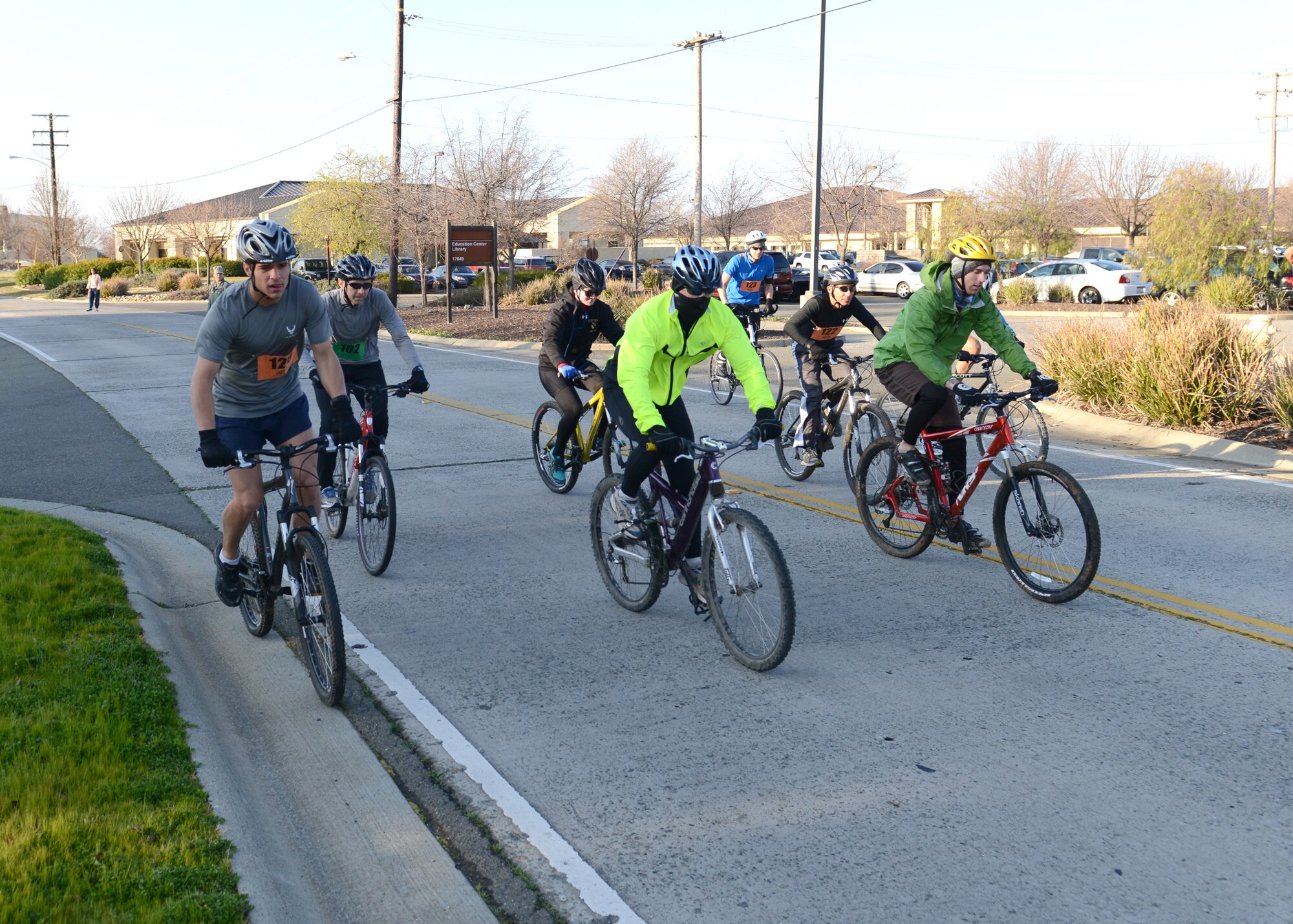 Participants of the Recce Challenge Adventure Series Duathlon Race begin the bike portion of the challenge at Beale Air Force Base, Calif., Feb. 21, 2013. Competitors had to bike five miles, run three miles, then bike another five miles to complete the challenge. (U.S. Air Force photo by John Schwab/Released)