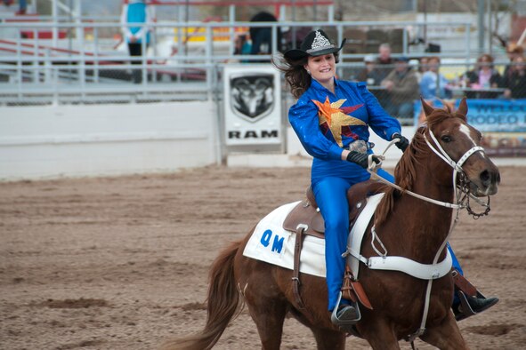 Tech. Sgt. Lacey Johnson, a member of the 162nd host aviation resource management office, was crowned Tucson Rodeo Attendent, a princess, for the 2001 Tucson Rodeo. This year Johnson is performing with the Quadrille de Mujeres, an equestrian drill team known for their speed and precision. (Photo provided by Tech. Sgt. Lacey Johnson)

