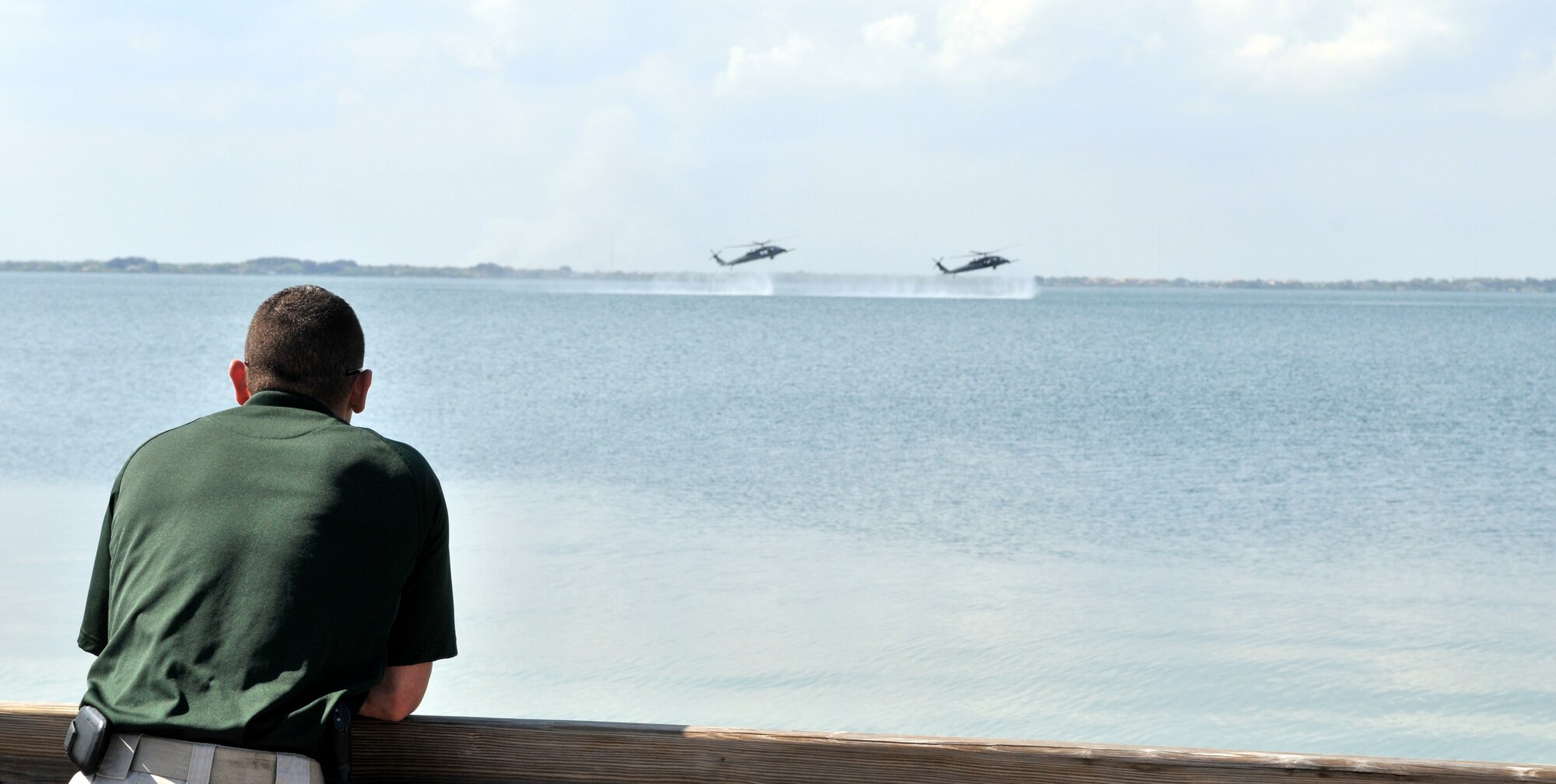 A Florida Law enforcement official looks on as the Air Force Reserve Command’s 920th Rescue Wing performs a rescue exercise. In a capability exercise held Feb. 21 law enforcement officials throughout Florida visited Patrick Air Force Base for a firsthand look at the 920th RQW rescue capabilities. (U.S Air Force photo/Tech. Sgt. Peter Dean)