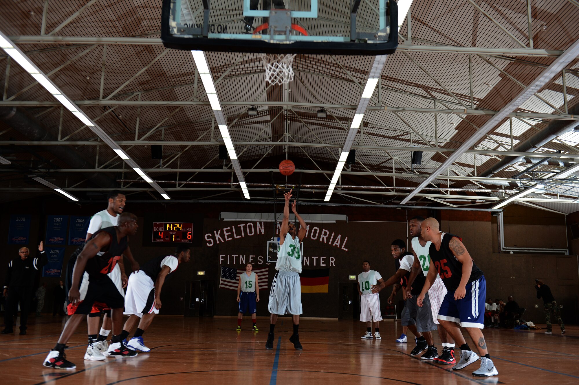 SPANGDAHLEM AIR BASE, Germany – Julian Jones, 52nd Logistics Readiness Squadron player, shoots a free throw during the first half of the intramural basketball championship game Feb. 21, 2013. Jones scored nine points for his team, but it wasn’t enough to stop the 52nd Force Support Squadron from winning 46-41. (U.S. Air Force photo by Airman 1st Class Gustavo Castillo/Released)