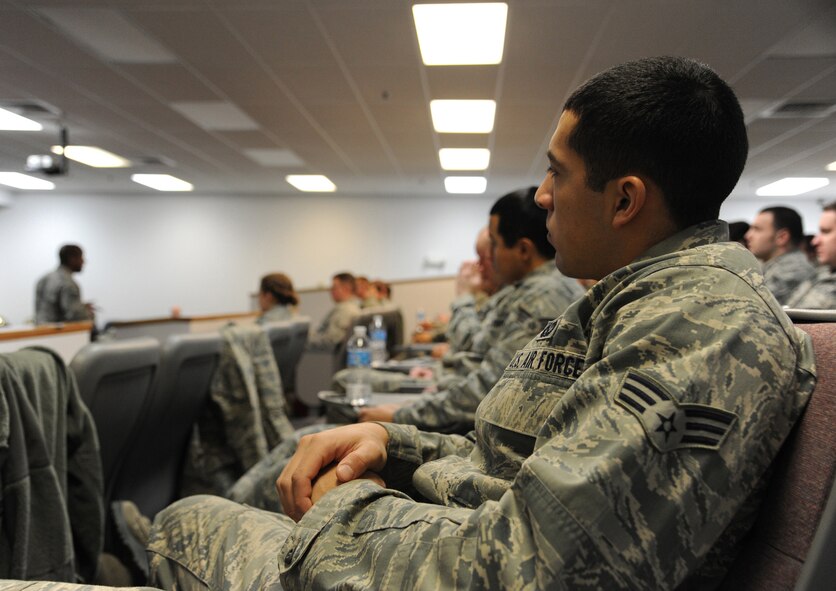 Senior Airman Steven Jimenez, 819th RED HORSE electrician, listens in as Staff Sgt. Breyson Robinson, 341st Civil Engineer Squadron Airmen dorm leader, discusses the A-P-E method to becoming a subject matter expert. He explained that A stands for being Available to be mentored. P stands for being Proactive by fixing things that need fixing. E stands for Excited, specifically Airmen being excited about their jobs. (U.S. Air Force photo/Staff Sgt. R.J. Biermann) 
