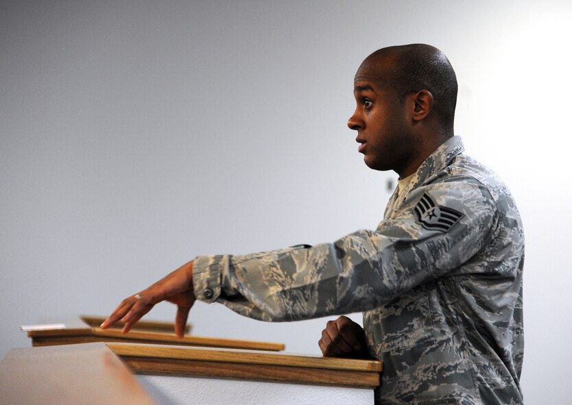 Staff Sgt. Breyson Robinson, 341st Civil Engineer Squadron Airmen dorm leader, discusses the A-P-E method to becoming a subject matter expert. He explained that A stands for being Available to be mentored. P stands for being Proactive by fixing things that need fixing. E stands for Excited, specifically Airmen being excited about their jobs. (U.S. Air Force photo/Staff Sgt. R.J. Biermann) 