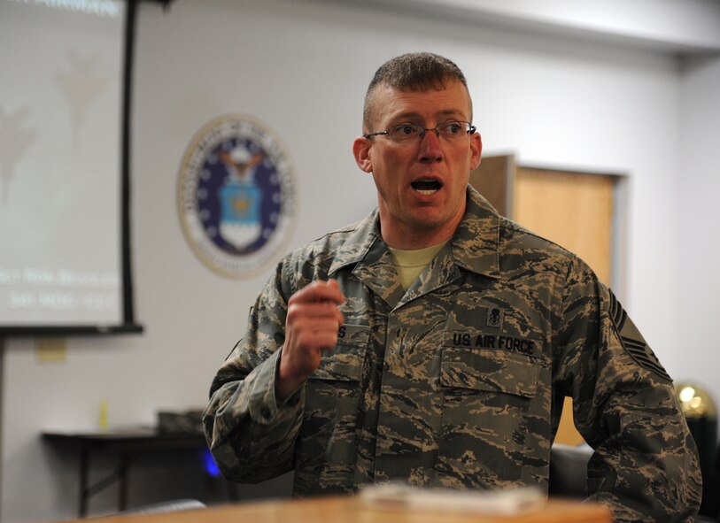Chief Master Sgt. Ronald Beadles, 341st Medical Group superintendent, discusses Airmen leaders during the ?Continue to Rise: Arise as a Leader? Airman development seminar Feb. 12 in the conference room in Bldg. 3080. Beadles shared many positive and negative career experiences from his 20 year Air Force tenure that have all helped him develop into the Airman he is today. (U.S. Air Force photo/Staff Sgt. R.J. Biermann) 