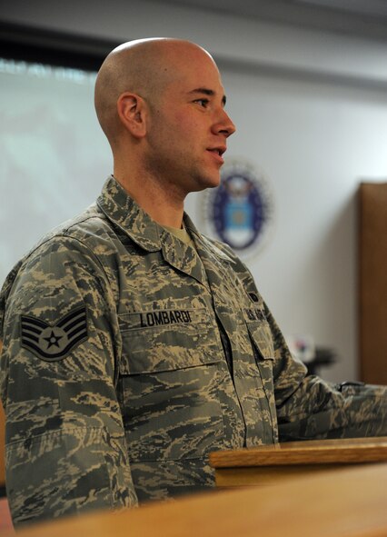 Staff Sgt. T.J. Lombardi, 341st Security Forces Support Squadron vehicles and equipment section NCO-in-charge, discusses how being a good leader can sometimes be ?Lonely at the top.? Lombardi developed the local, Airmen-focused seminar, which he first introduced to Team Malmstrom in August 2012. Since then more than 120 Airmen have attended. (U.S. Air Force photo/Staff Sgt. R.J. Biermann) 