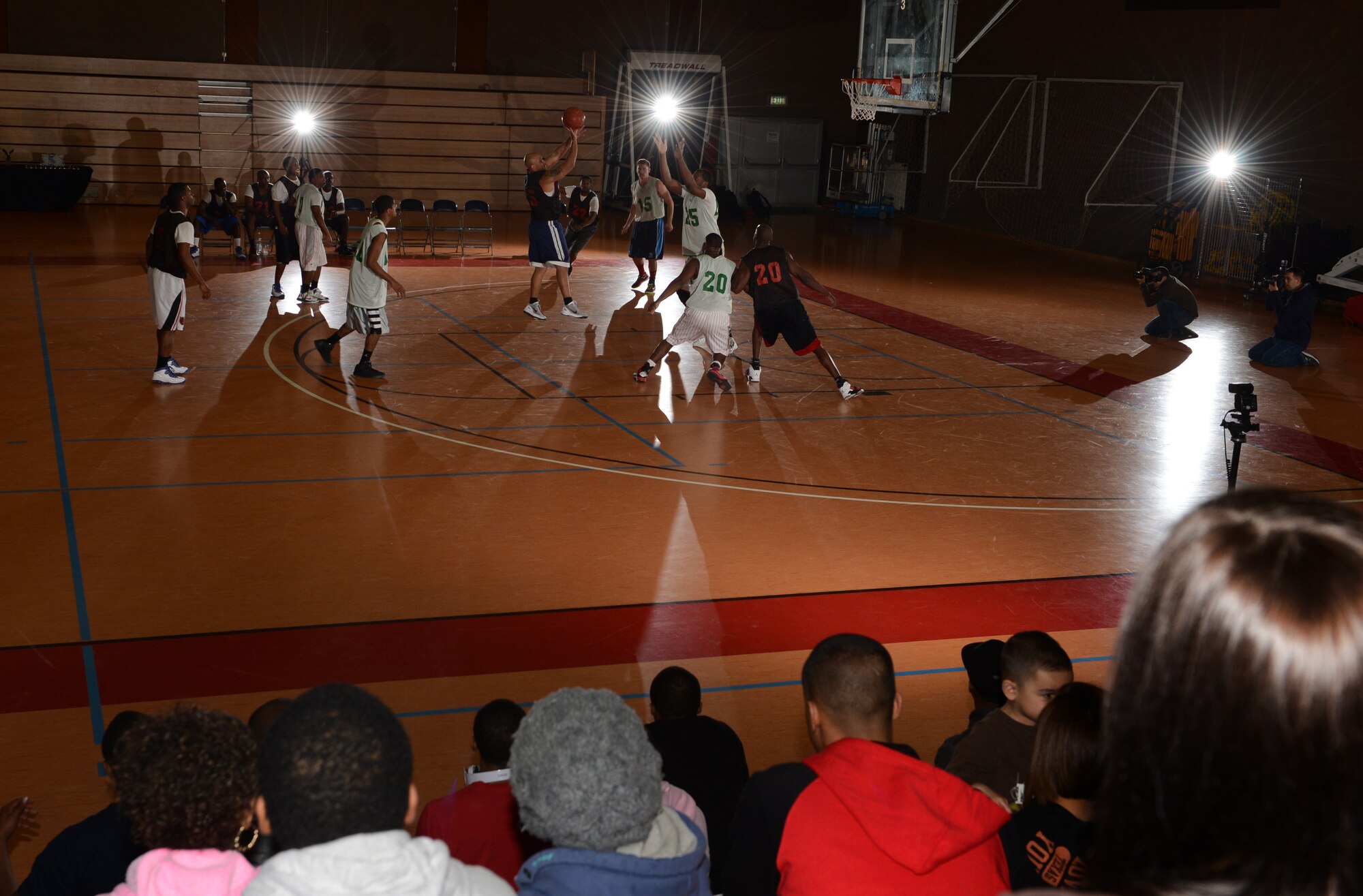 SPANGDAHLEM AIR BASE, Germany – Players from the 52nd Force Support Squadron and 52nd Logistics Readiness Squadron compete during the intramural basketball championship game Feb. 21, 2013. The 52nd LRS was undefeated until the playoffs, where they came in as the second-seeded team for the championship game. (U.S. Air Force photo by Staff Sgt. Nathanael Callon/Released)