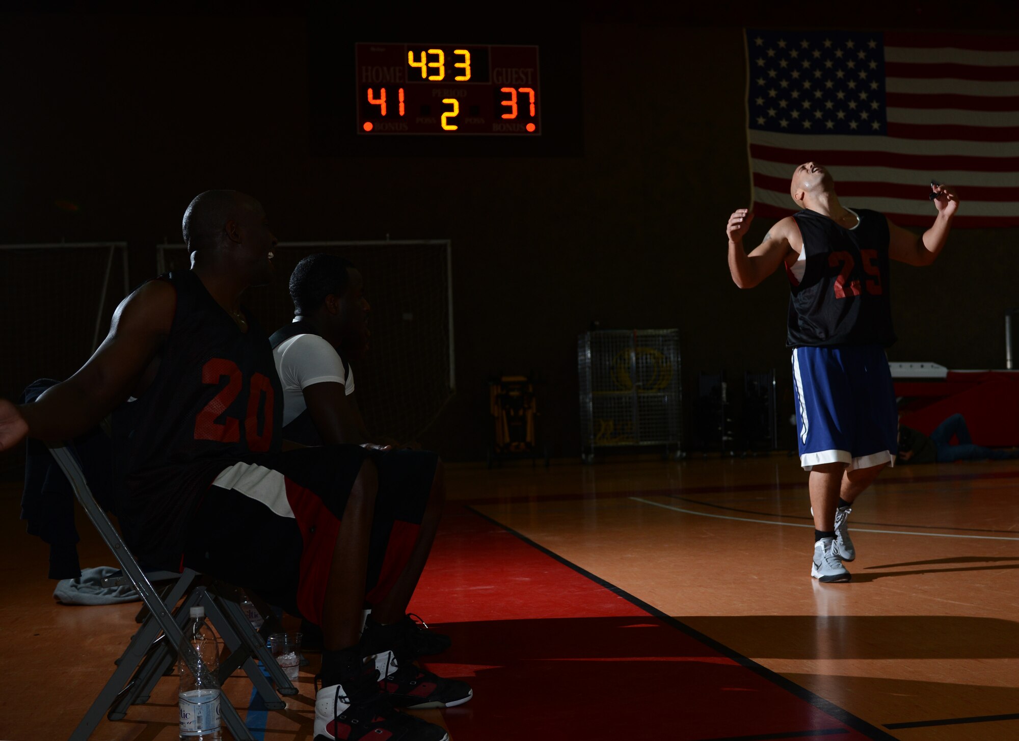 SPANGDAHLEM AIR BASE, Germany – Stephan Perryman, 52nd Force Support Squadron player, reacts as a foul is called on his team during the intramural championship game Feb. 21, 2013. Perryman scored nine points in the second half and led his team to victory over the 52nd Logistics Readiness Squadron. (U.S. Air Force photo by Senior Airman Natasha Stannard/Released)