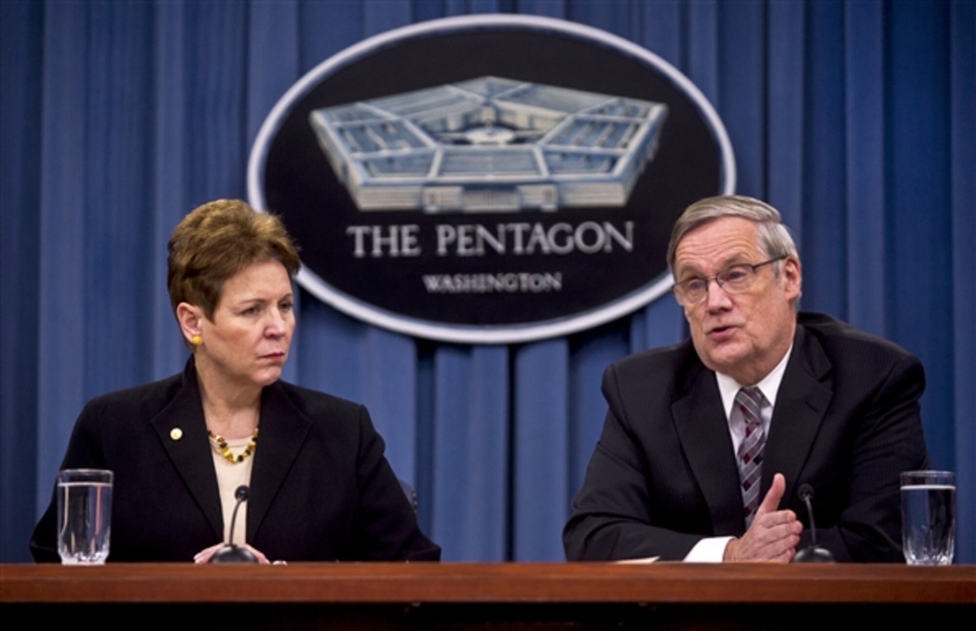 Robert F. Hale, the Defense Department's comptroller and chief financial officer, and Jessica L. Wright, acting undersecretary of defense for personnel and readiness, brief reporters at the Pentagon, Feb. 20, 2013, on the status of the department’s civilian furlough planning efforts as a result of the impending sequestration deadline. DOD photo by U.S. Navy Petty Officer 1st Class Chad J. McNeeley 