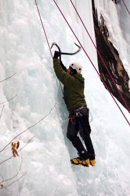 Staff Sgt. Nicholas Gibson, a pararescueman with the 308th Rescue Squadron, Patrick Air Force Base, Fla., practices mountain climbing and rescue skills. He will be part of the first all military team to summit Mt. Everest as part of the U.S. Air Force Seven Summits Challenge. (courtesy photo)