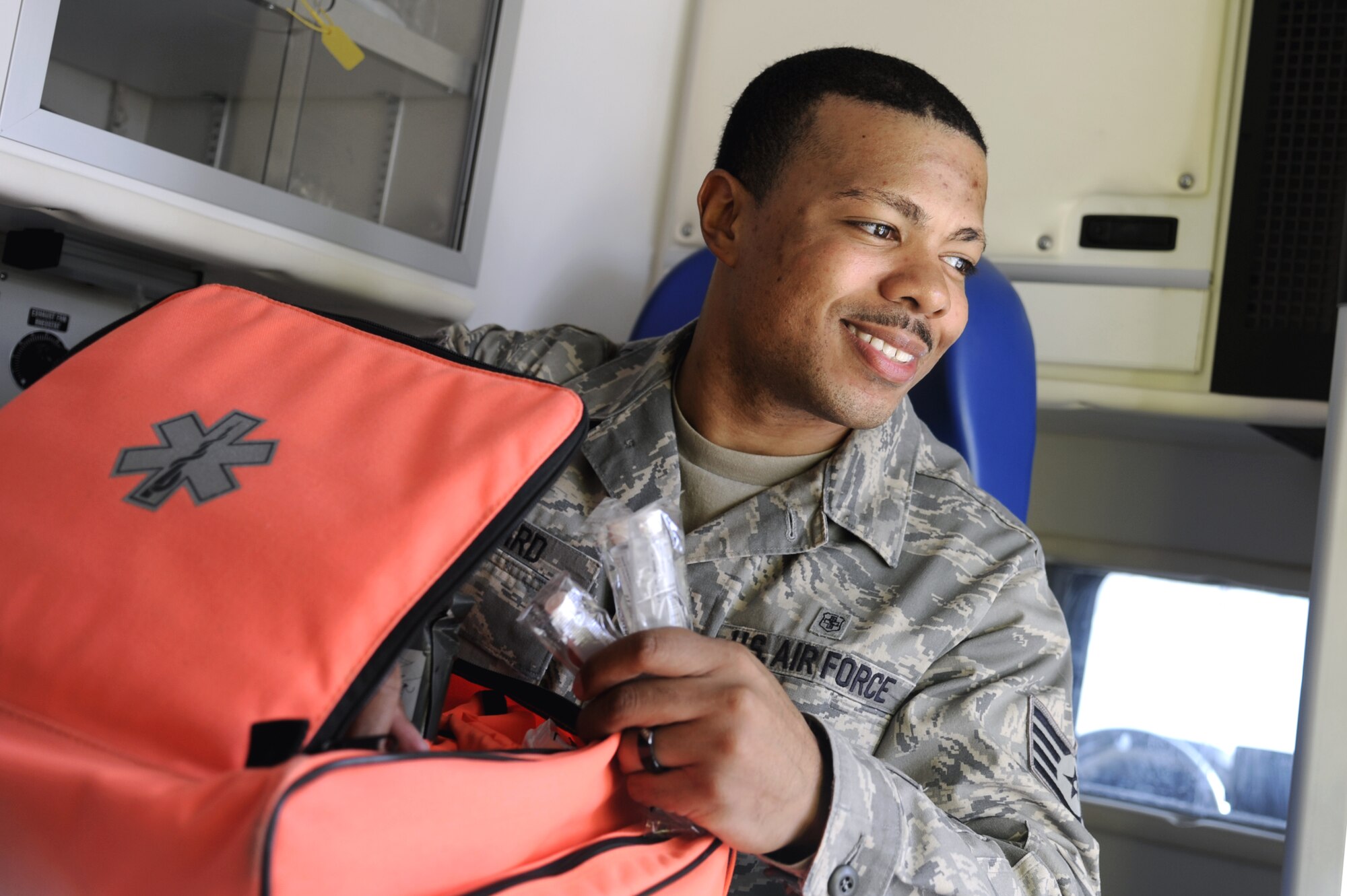 Staff Sgt. John Howard, 386th Expeditionary Medical Group, performs his duty as a medical technician at an undisclosed deployed location in Southwest Asia on Feb. 21, 2013.  Howard was awarded this weeks “Rock Solid Warrior” designation by the 386 Air Expeditionary Wing.  (U.S. Air Force photo by Staff Sgt. Austin Knox)