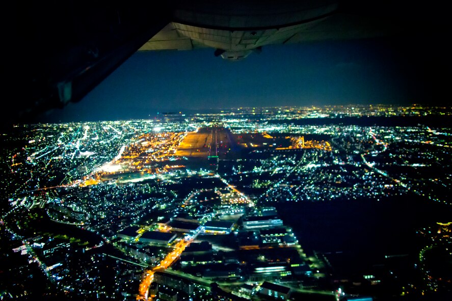 ABOVE YOKOTA AIR BASE, Japan -- Aerial shot from a C-130 Hercules aircraft of Yokota Air Base, Japan, Feb. 21, 2013. (U.S. Air Force photo by Osakabe Yasuo) 