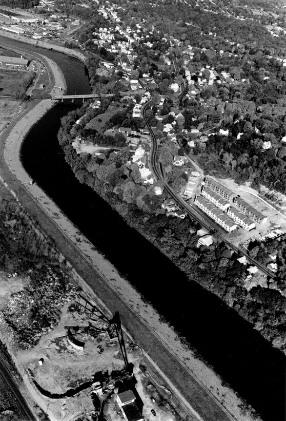 Aerial View of Derby LPP (right-side channel). Located at the junction of the Housatonic and Naugatuck rivers in Derby, CT.  Photo was taken in Oct. 1986.