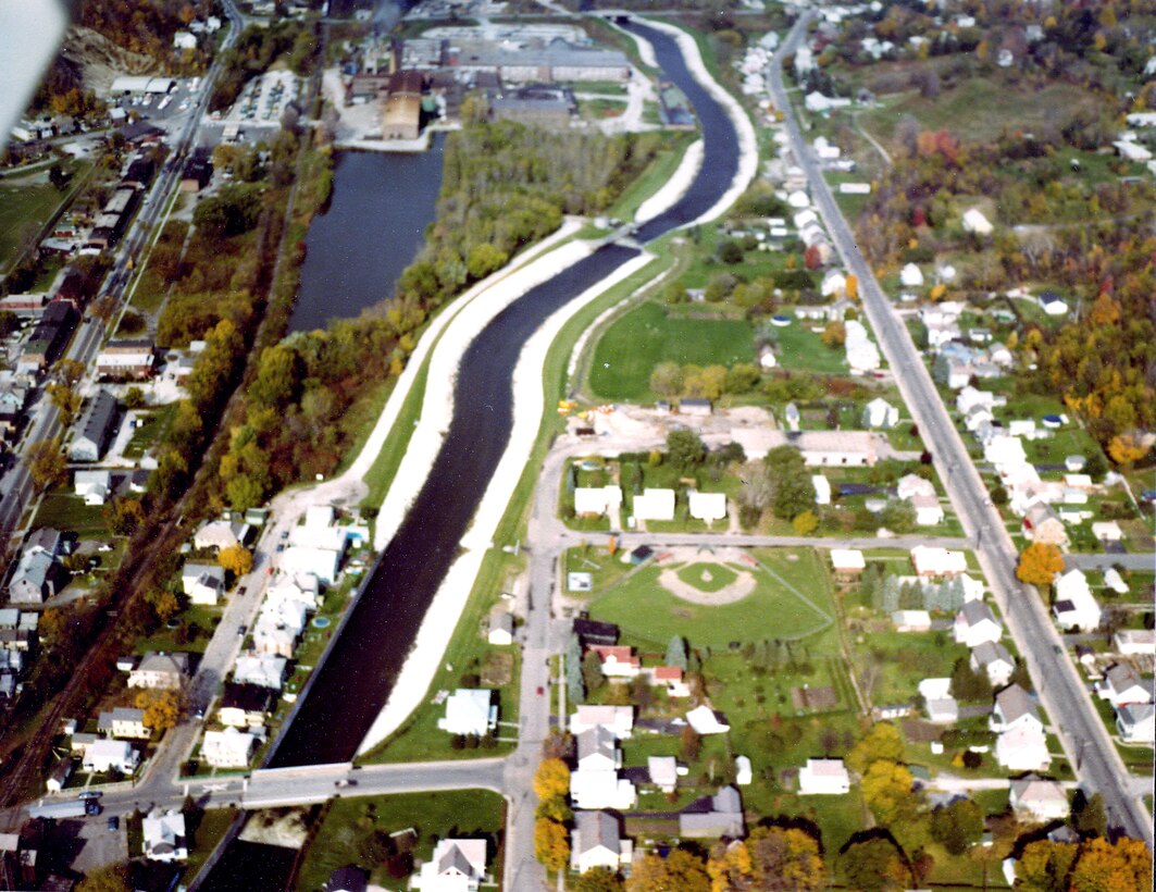 Aerial view of Adams LPP. Located along both banks of the Hoosic River.