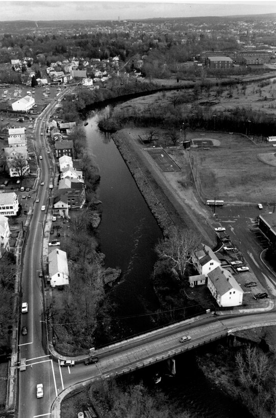 Aerial view of Blackstone River. Located along right bank of Blackstone River, Milbury, MA.  Photograph taken Nov. 1987