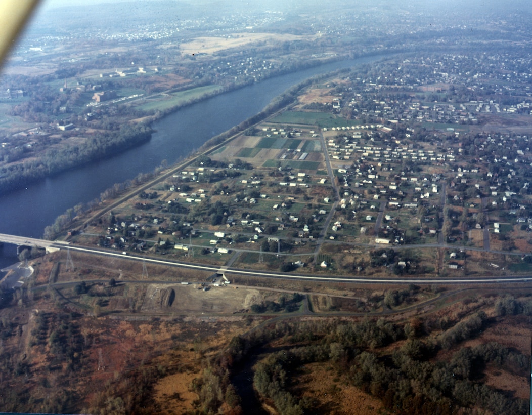 Aerial view of Chicopee Falls LPP. The Chicopee Falls Local Protection Project is located primarily along the east bank of the Chicopee River in the Chicopee Falls section of Chicopee, MA
