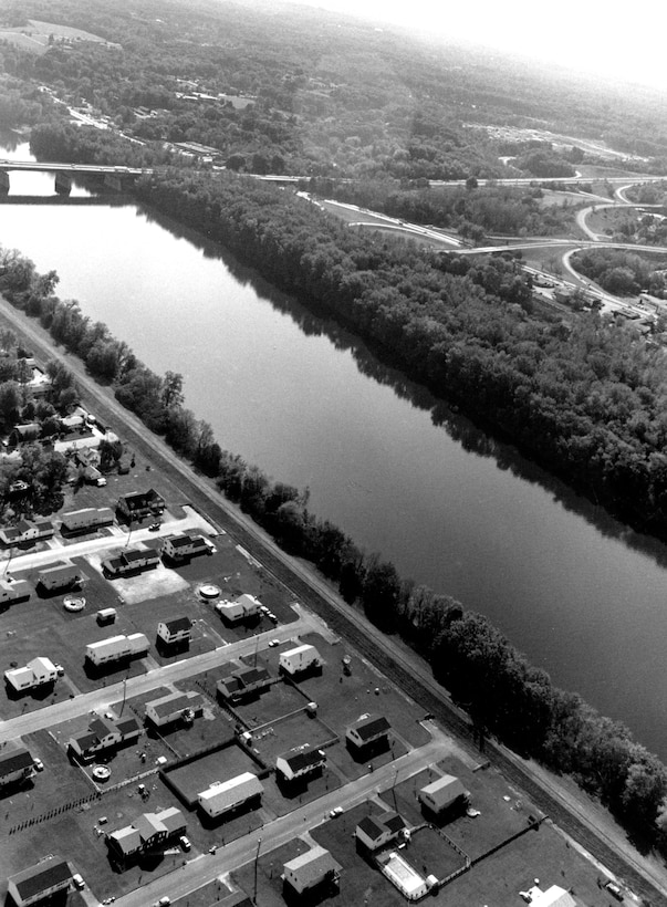 Aerial view of Chicopee Falls LPP. The Chicopee Falls Local Protection Project is located primarily along the east bank of the Chicopee River in the Chicopee Falls section of Chicopee, MA.  Photograph was taken in Oct. 1987.