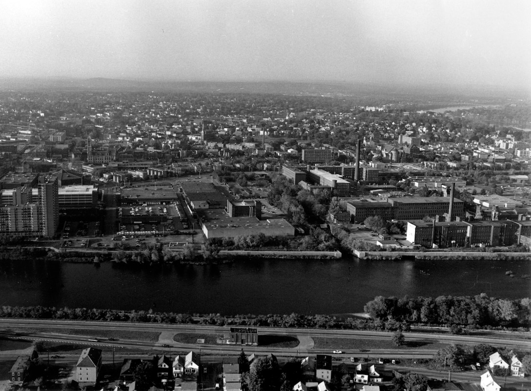 Aerial view of Lowell LPP. Located on the north bank of the Merrimack River in Lowell, MA. Photo was taken in Oct. 1987.