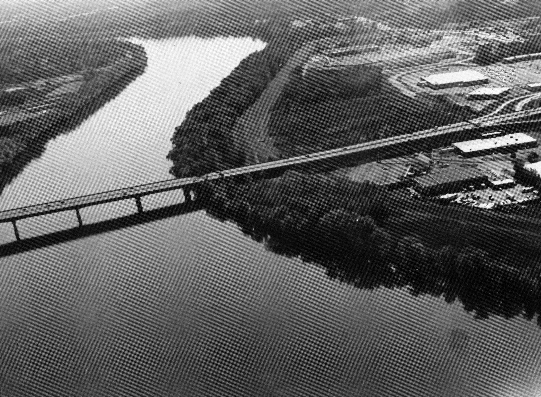 Aerial view of Riverdale Local Protection Project. The Riverdale Local Protection Project is located along more than two miles of the Connecticut River's west bank in West Springfield. The project protects 450 acres of highly developed industrial, commercial, public, and residential areas. 