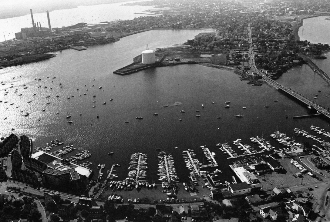 Aerial view of Beverly Harbor. Beverly Harbor in Beverly lies at the mouth of the Danvers River, about 26 miles north of Boston, MA.