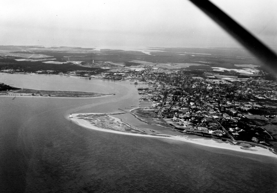 Aerial view of  Edgartown Harbor. Edgartown Harbor is located at the eastern end of Martha's Vineyard Island in Edgartown, MA.  Photo was taken on Feb. 10, 1964.