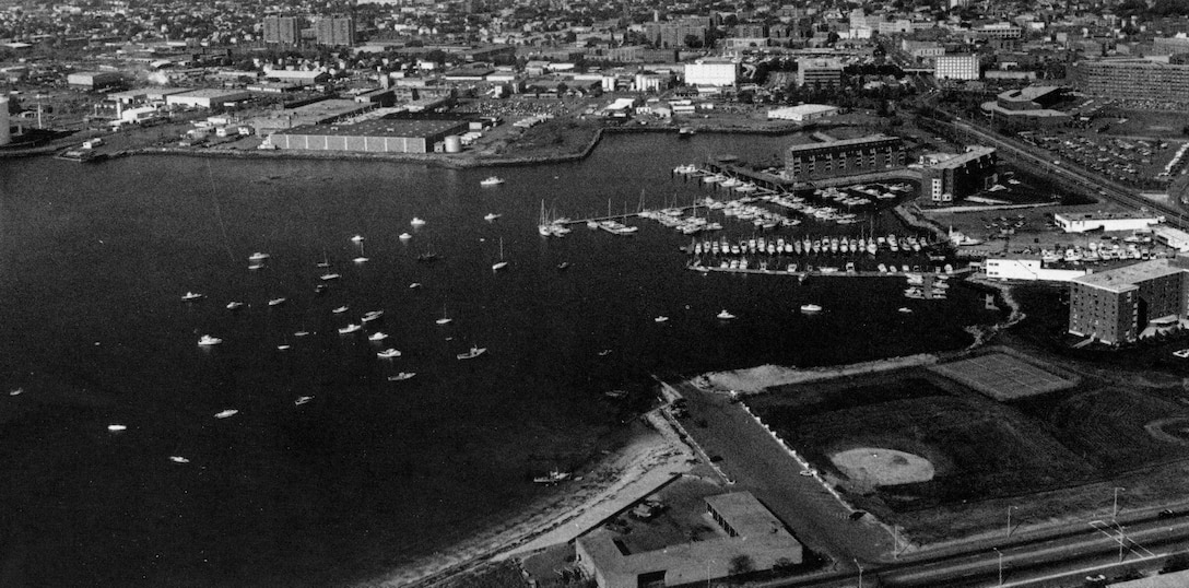 Aerial view of Lynn Harbor. Lynn Harbor in Lynn lies about eight miles northeast of Boston Harbor, at the head of Broad Sound. It is about three miles long and about 1.5 miles wide. 

