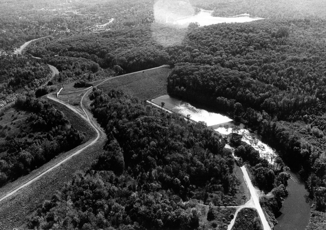Aerial view of Mad River Lake Dam. Located on the Mad River in Winchester, CT. Photo taken Oct. 1986.