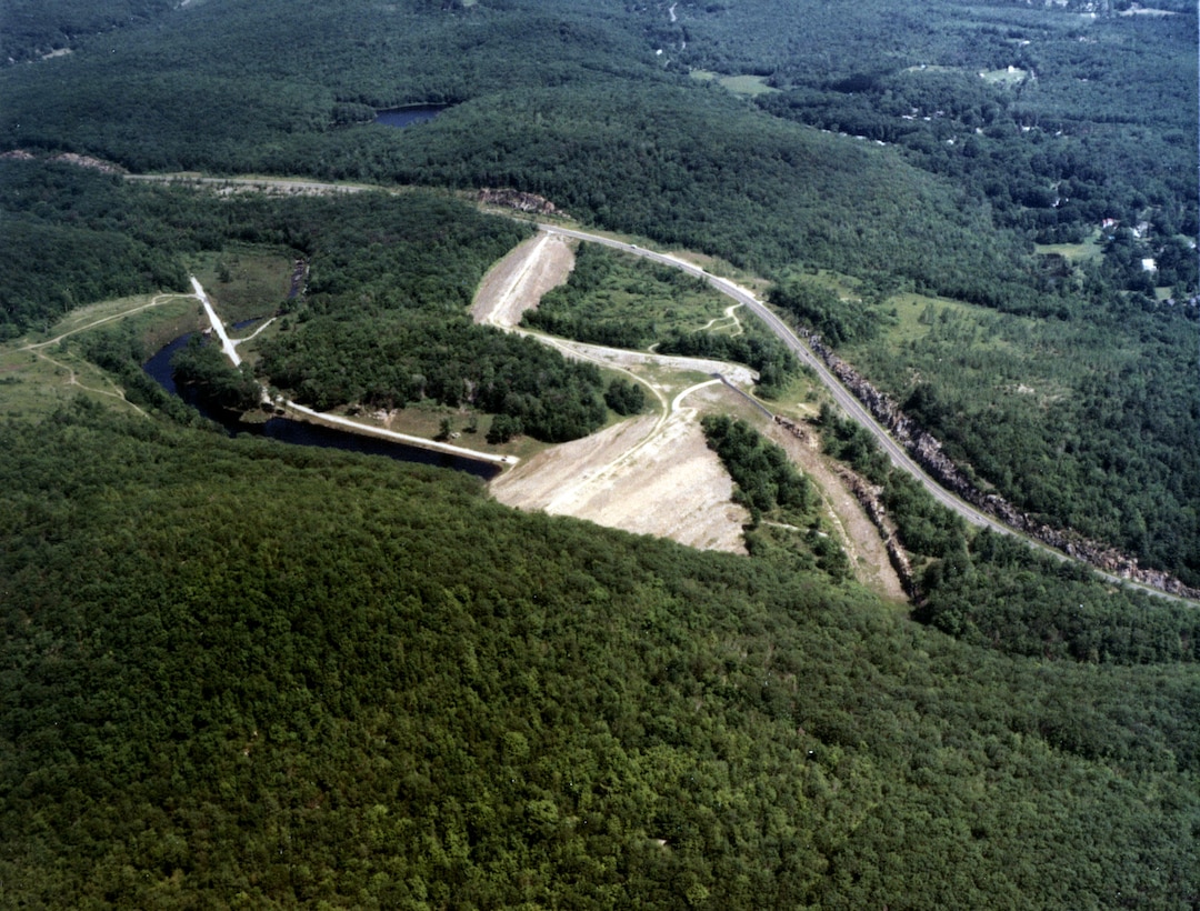 Aerial view of Mad River Lake Dam.  Located on the Mad River in Winchester, CT. Photo was taken Oct. 1986.