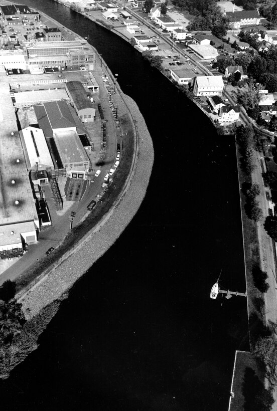 Aerial view of Pawcatuck Hurricane Barrier Protection in Stonington, CT.  Photo was taken in Oct. 1986.