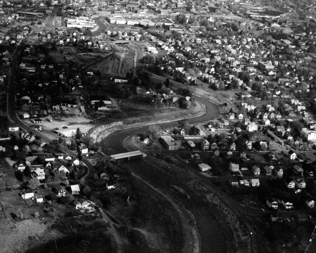 Aerial view of Torrington LPP east branch. Lies on Naugatuck River and the Naugatuck River's East Branch in Torrington, CT.