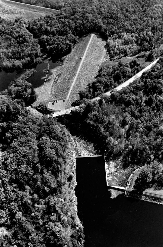Aerial view of Hall Meadow Brook Dam. Located in Torrington on Hall Meadow Brook, Ct.  Photograph was taken in Oct. 1986.