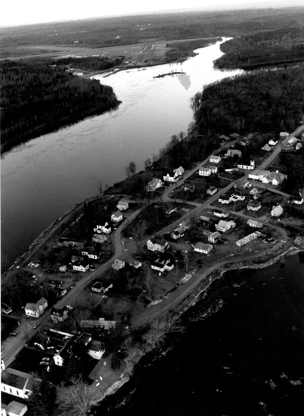 Aerial view of Penobscot River LPP. East Dike. Located on the Penobscot Indian reservation along the Penobscot River in Old Town, ME.  Photo was taken in Dec. 1987.