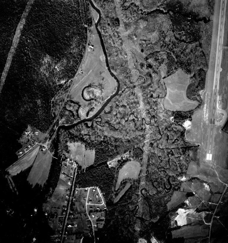 Aerial view of Keene LPP. Located along the Ashuelot River in Keene and Swanzey, photograph was taken in Nov. 1971.