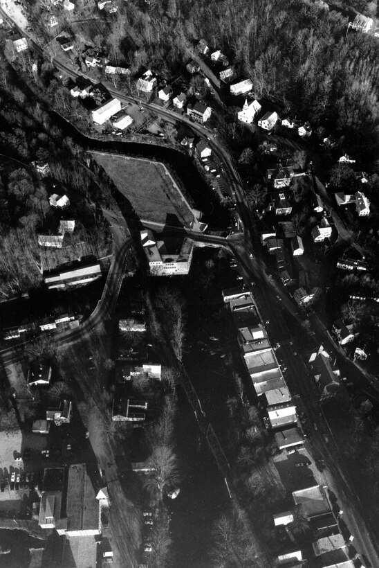 Aerial view of Stony Brook LPP . Located on Stony Brook near its confluence with the Souhegan River, Wilton, NH. Photo was taken in Dec. 1988.