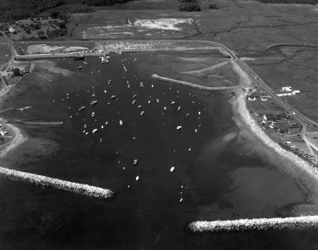 Aerial view of Exeter River Navigation Project. Rye Harbor is located about five miles south of Portsmouth Harbor, NH.