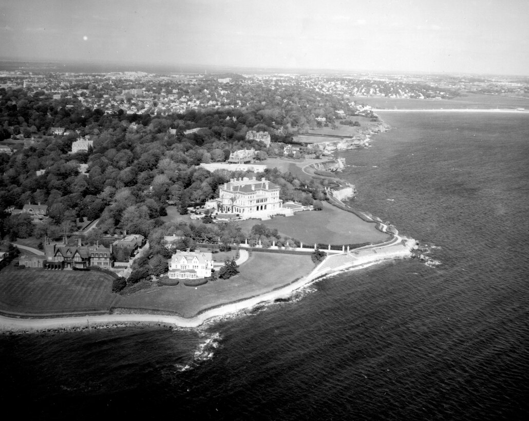 Aerial view of Cliff Walk Shore and Bank Protection. Extending 3.5 miles southerly from Newport (Eastons) Beach, around Lands End, and ending near Bailey Beach, Cliff Walk overlooks Rhode Island Sound and traverses privately-owned land surrounding many of Newport's showplace mansions. RI.