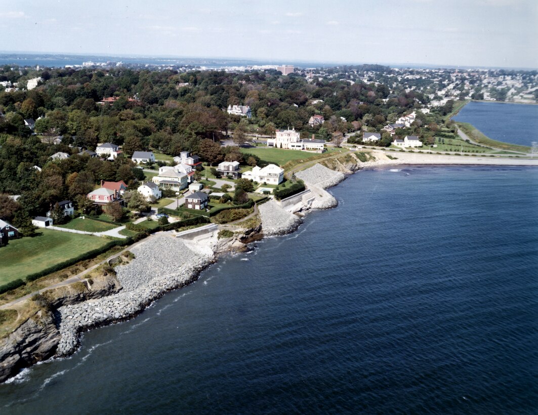 Aerial view of Cliff Walk Shore and Bank Protection. Extending 3.5 miles southerly from Newport (Eastons) Beach, around Lands End, and ending near Bailey Beach, Cliff Walk overlooks Rhode Island Sound and traverses privately-owned land surrounding many of Newport's showplace mansions, RI.