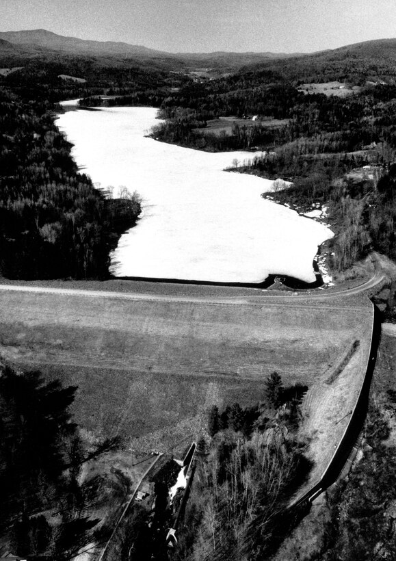 Aerial view of Wrightsville Reservoir. The dam at Wrightsville Reservoir in Montpelier is located on the North Branch of the Winooski River, about 40 miles southeast of Burlington, VT. From Montpelier, the dam is three miles north on Route 12. Photo was taken in April 1990. The project provides flood protection
