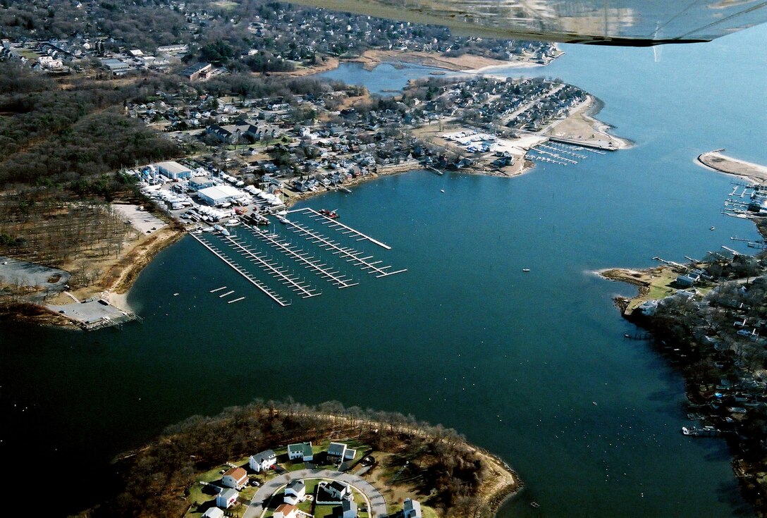 Aerial view of Bullocks Point Cove. Bullocks Point Cove lies between East Providence and Barrington on the east shore of the Providence River, about five miiles southeast of Providence, RI.