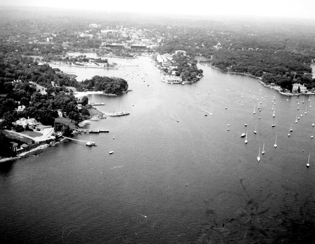 Aerial view of Greenwich Harbor. Greenwich Harbor, located about 2.5 miles east of the New York state line in Greenwich, CT consists of an outer harbor and three inner coves.  Photo was taken in June 1987.