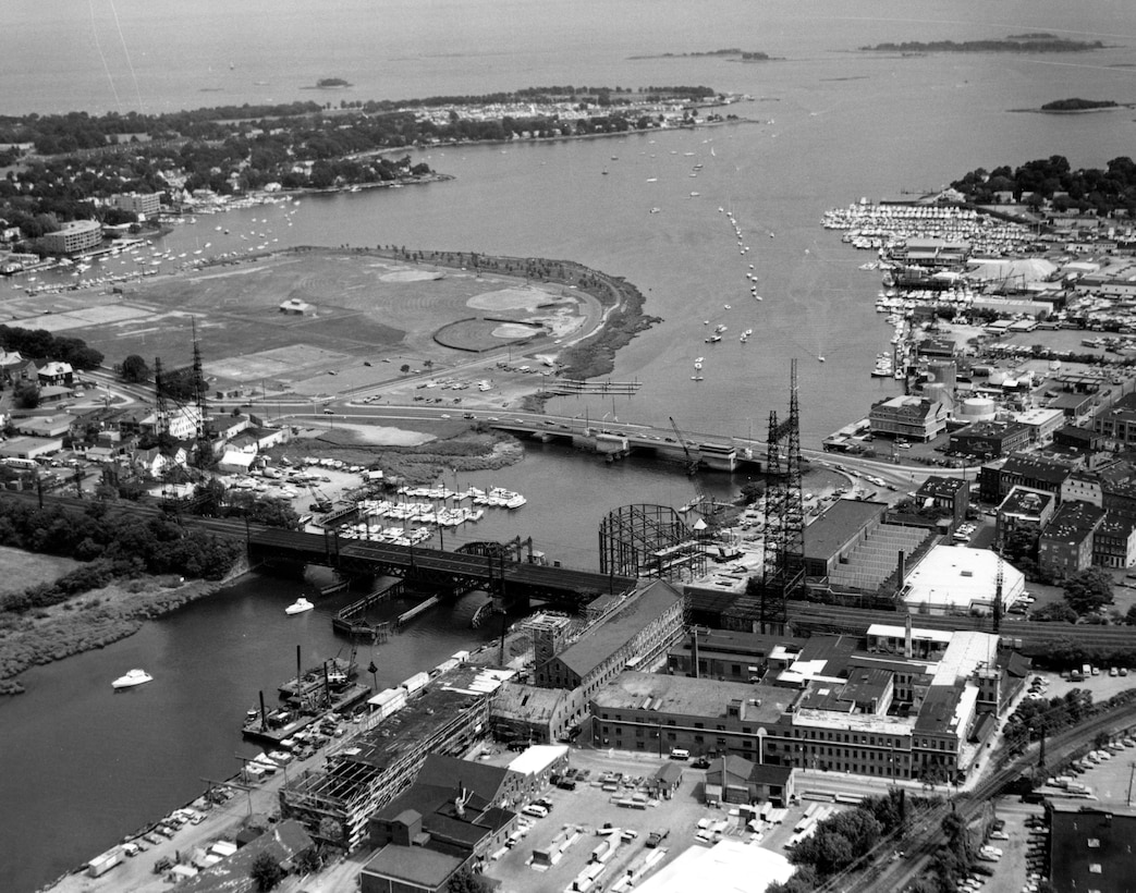 Aerial view of Norwalk Harbor. Norwalk Harbor, CT is located at the mouth of the Norwalk River, about eight miles east of Stamford. It forms a boundary between the East and South Norwalk sections of the city. Photo was taken in June 1987.