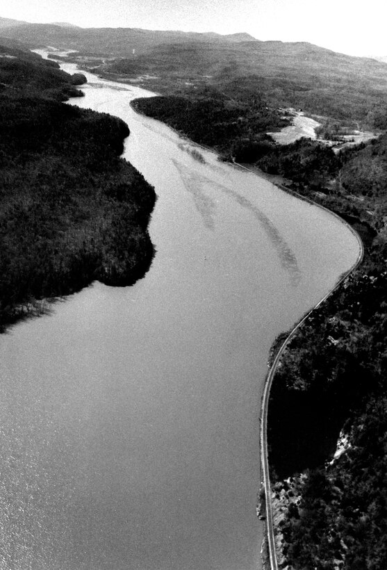 Aerial view of Narrows of Lake Champlain. The Narrows of Lake Champlain is a 37-mile-long section of waterway at the southern end of Lake Champlain and forms a partial border between Vermont and New York.  Photo was taken in April 1990.