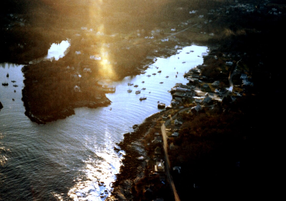 Aerial view of New Harbor. New Harbor in Bristol consists of two small coves in Muscongus Bay, 2.5 miles north of Pemaquid Point and 17 miles east of Bath, ME. 