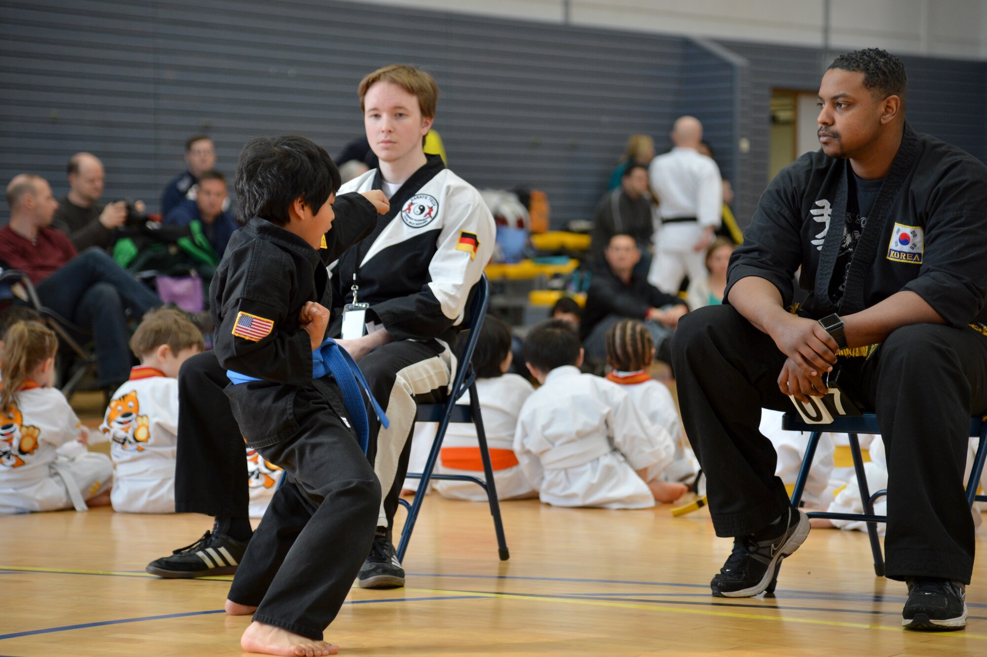 Nathaniel Cronin, 8, son of Colette Cronin, Kaiserslautern Elementary preschool teacher, gives a martial art demonstration during the 13th annual U.S. Air Forces in Europe and Air Forces Africa Martial Arts Tournament on Ramstein Air Base, Germany, Feb. 23, 2013. The USAFE-AFAFRICA Martial Arts Tournament is a way for all participants ages 3 to 18 to test their martial art skills against their peers. (U.S. Air Force photo/Airman 1st Class Jordan Castelan)